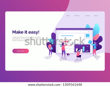 flat illustration style of people gather around building and developing web design piece by piece in front of huge screen monitor for hero image, landing page, homepage