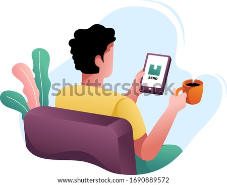 Online order concept. a man is ordering goods through his cellphone. sitting relaxed. message from home. illustration vector