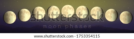 moon phases vector set of astronomical hand draw elements newmoon crescent fullmoon. horizontal landscape format for banners and print
