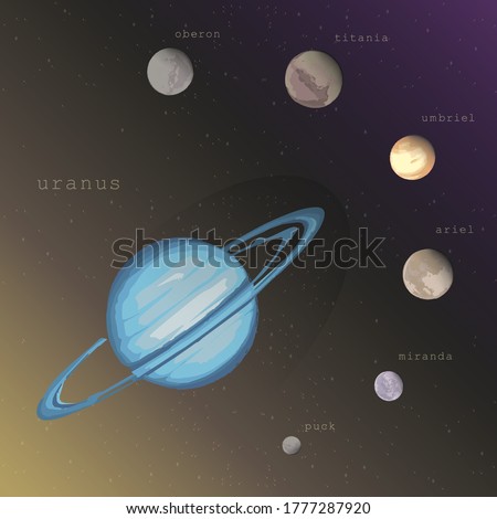 uranus planet with moons satellites Puck Miranda Ariel Umbriel Titania Oberon on the deep dark starry cosmic background. vector infographic educational  illustration about space exploration astronomy 