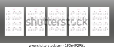 2021 2022 2023 2024 2025 calendar set in classic strict style. wall table calendar schedule, minimal restrained business design for notebook and planner. Week starts on sunday