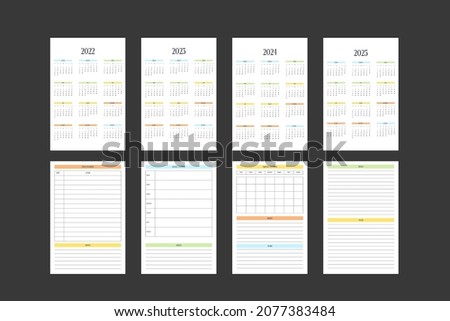 2022 2023 2024 2025 calendar and daily weekly monthly personal planner diary template in classic strict style. Monthly calendar individual schedule minimalism restrained design for business notebook