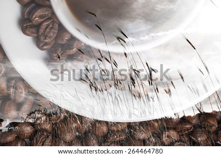 Double exposure of cup of coffee and wheat field