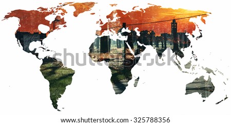 Double exposure of world map and abstract city background