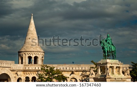 BUDAPEST, HUNGARY - 13 OCTOBER, 2013: Fishermen\'s bastion in Budapest, Hungary. The Halászbástya or Fisherman\'s Bastion is a terrace in neo-Gothic style situated on the Castle hill in Budapest.
