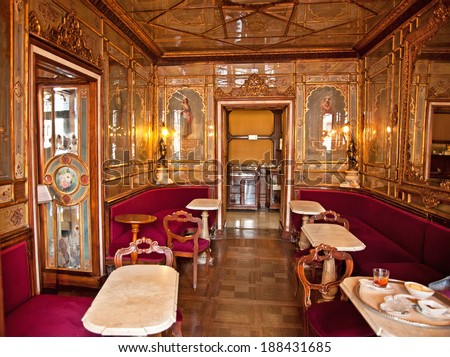VENICE, ITALY - 14 SEPTEMBER, 2013: Cafe Florian, the oldest cafe in Venice, Italy on 14 September, 2013. Opened in 1720 in Piazza San Marco in Venice,Caffe Florian is Italy\'s oldest Cafe.