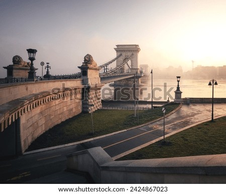 Similar – Image, Stock Photo View to Chain bridge and city traffic. Beautiful evening or night scene of illuminating ancient architecture.