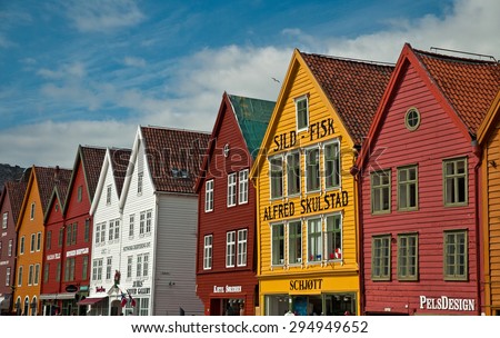 BERGEN, NORWAY - 25 JUNE, 2015: Traditional houses in the old town of Bergen, Norway on 25 June 2015. Bergen is the second largest city in Norway.