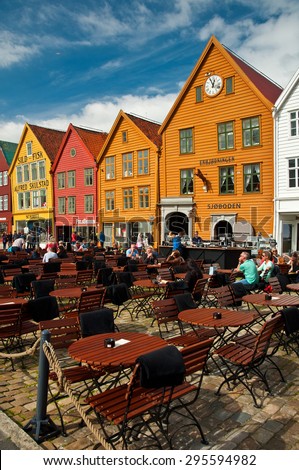 BERGEN, NORWAY - 25 JUNE, 2015: Traditional houses in Bryggen, the old town of Bergen, Norway on 25 June 2015. Bergen is the second largest city in Norway.