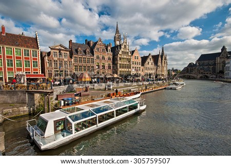 GHENT, BELGIUM - 19 APRIL : Nice houses in the old town of Ghent, Belgium on 19 April 2013. Ghent is a city and a municipality located in the Flemish region of Belgium.