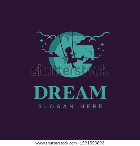 Dream logo iconic. Child play swing in the moon. Branding for creative, film, movie maker, child and kids, advertising, social, playground, etc. Isolated logo vector inspiration. Graphic designs