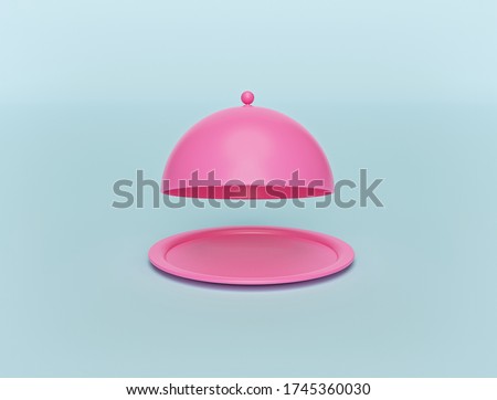 minimal pink opened restaurant cloche isolated on pastel blue background. Food serving tray. lunch time concept. 3d rendering Photo stock © 