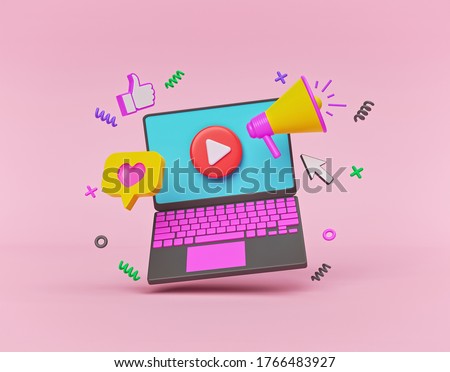 laptop and colorful graphic elements. business advertising and promotion concept. 3d rendering