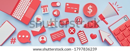 assorted 3d icons. abstract social media, technology design banner. 3d rendering 商業照片 © 