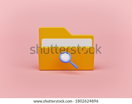 Magnifying glass and yellow folder with files. concept of document search. minimal design. 3d rendering