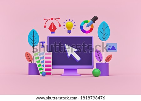 concept of modern graphic design process. icons of graphic designer items and tools. 3d rendering
