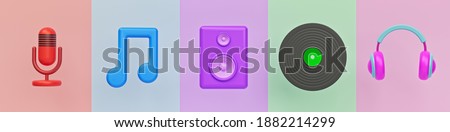 Set of music related icons. microphone, Music note, sound speaker, vinyl record and headphone. colorful trendy banner. 3d rendering