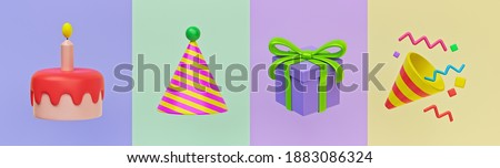 happy birthday 3d icons. birthday cake, hat, gift and Party Popper. minimal colorful design for greeting card. 3d rendering