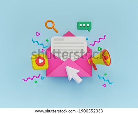Concept of direct digital marketing, email advertising, newsletter promotion campaign. minimal style design. 3d rendering