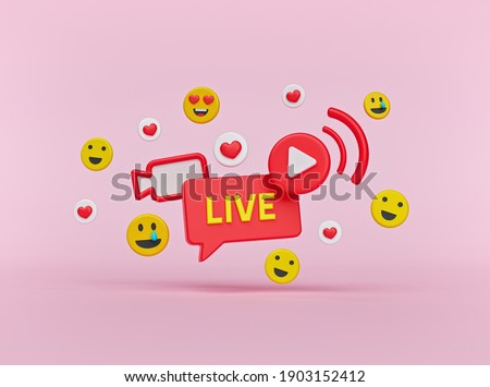 Social media Live streaming concept with hearts and emoji icons. minimal design. 3d rendering