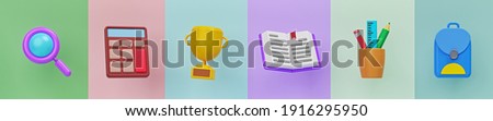Simple set of school objects icons. minimal Trendy banner. 3d rendering