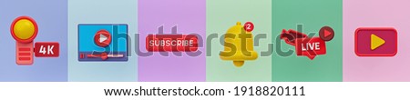 camera, video player, subscribe button, Notification bell icon, live chat, play button. minimal trendy social media vlog icons for web banner. 3d rendering