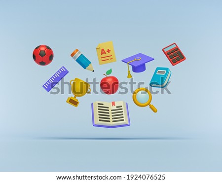 School And Education Related Objects floating on pastel blue background. minimal assorted accessories. 3d rendering