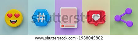 emoji, hashtag sign, social media post, like heart, share icon. horizontal banner. 3d rendering