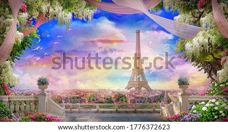 Beautiful view from the  flower-covered balcony to the Eiffel tower and pink sunset. Digital collage , mural and fresco. Wallpaper. Poster design. Modular panno. 3d render