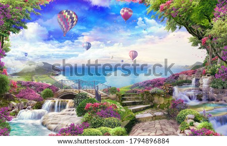 Beautiful sea view with access to the garden, old houses, flowers and waterfalls. Balloons in the sky. Digital collage, panels and panels. Wallpaper. Poster design. Modular panel.