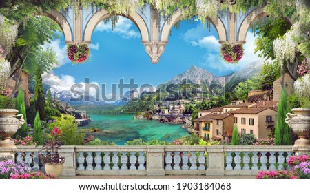 Beautiful view from the balcony on the Italian coast. Blue arches, pink and white flowers. Blue sky. Digital collage, mural and mural. Wallpaper. Poster design. Modular panel.  Illustration for print.
