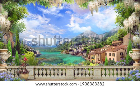 Beautiful view from the balcony on the Italian coast, pink and white flowers. Blue sky. Digital collage, mural and mural. Wallpaper. Poster design. Modular panel.  Illustration for print. 3d render