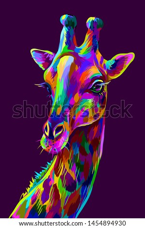 Giraffe. Abstract, colorful artistic portrait of a giraffe on a dark purple background in the style of pop art.