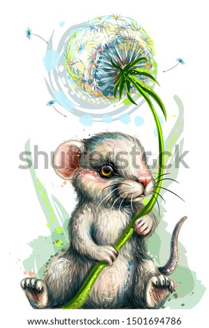 Wall sticker. Cute little mouse holds a dandelion flower in a watercolor style.