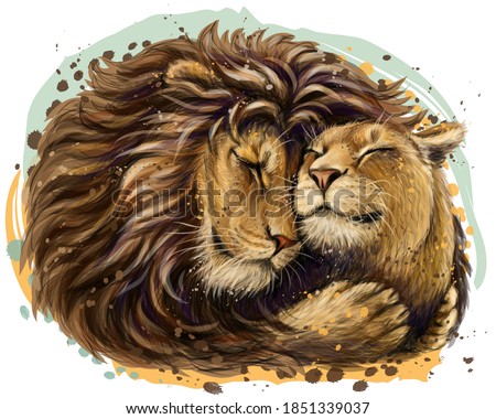 Leos. A lion embraces a lioness. Color, digital portrait of lions in love in watercolor style on a white background. Digital vector graphics. Separate layer