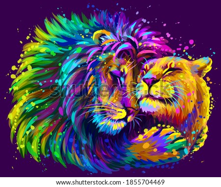 Leos. A lion embraces a lioness. Color, digital portrait of lions in the style of pop art on a purple background. Digital vector graphics. Separate layer
