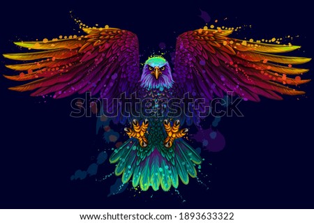 Flying bald eagle. Color, abstract, neon, art portrait of a soaring bald eagle on dark blue background in pop art style.  Digital vector graphics. Separate layers