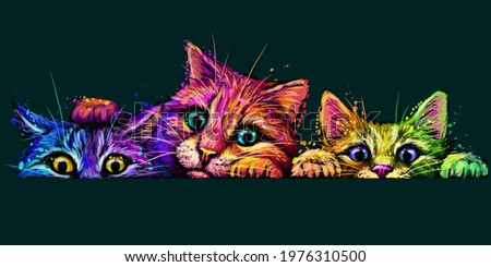 Cats. Wall sticker. Abstract, multicolored, neon portrait of three curious cats in the style of pop art on a dark green background. Digital vector graphics. The background is a separate layer.