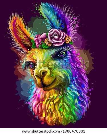 Lama Alpaca. Sticker design. Abstract, Multicolored, Neon portrait of a lama on a dark purple background in the style of pop art. Digital vector graphics. Background on a separate layer.