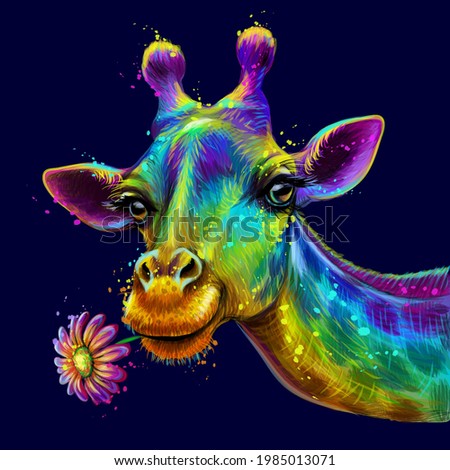 Giraffe. Abstract, colorful, neon portrait of a cute giraffe with a flower on a dark blue background in the style of pop art. Digital vector graphics. Background on a separate layer.