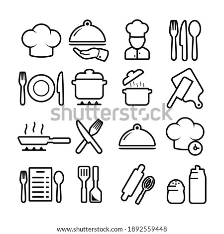 Cooking related icon set. Utensils linear icons. Signs cooking vector and collection.