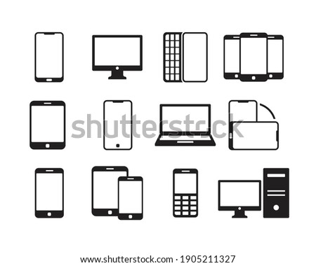 Electronics and devices related icon set. Mobile phones, laptop, tablet, monitor linear icons. Hardware vector sign collection.