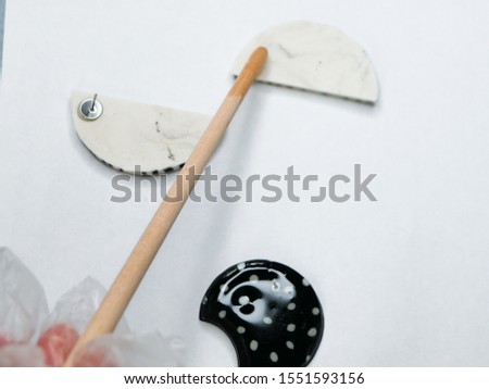 Similar – Image, Stock Photo Set of varnished handmade violins hanged for drying on balcony