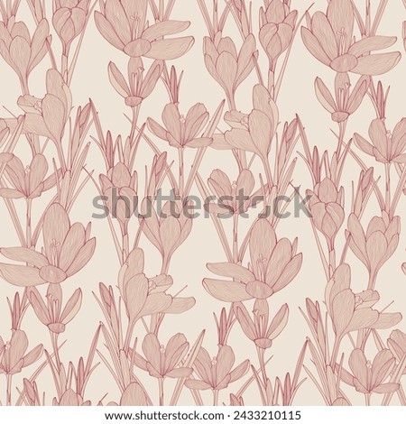 Crocus flowers seamless background. Seamless pattern with purple crocuses. Saffron field. Seamless pattern with line crocuses.