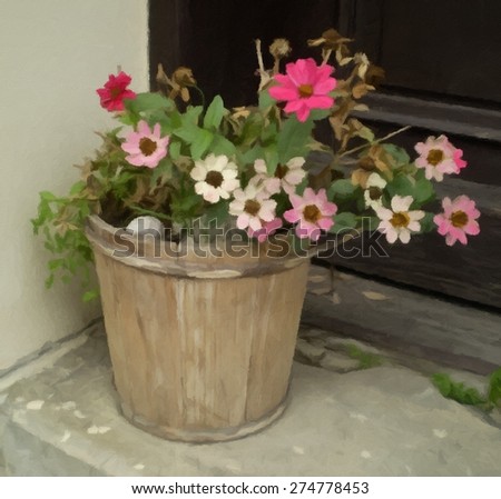 Beautiful flowers in a bucket painting