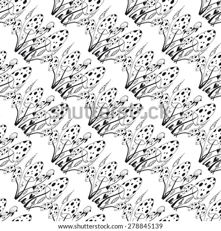 Seamless pattern with wild mushrooms in black on white
