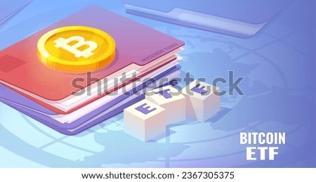 Bitcoin gold coin on red ETF securities folder. Bitcoin ETF, Exchange traded fund and cryptocurrencies isometric concept. 