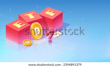 Abstract isometric artwork of the evolving of investment opportunities in cryptocurrencies, depicted by Bitcoin coins and ETF letter blocks on a digital network background, with a red question mark.