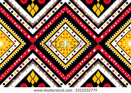 Seamless Pattern, Fabric and Carpet Design Ethnic Tile Repetition Abstract Textile Print Wallpaper Square Triangle Red Yellow White Black