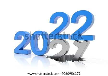 3d render of the numbers 2022 and 21 in blue over white reflecting background. The number 21 falls on the number 22 and breaks in it in the ground.
